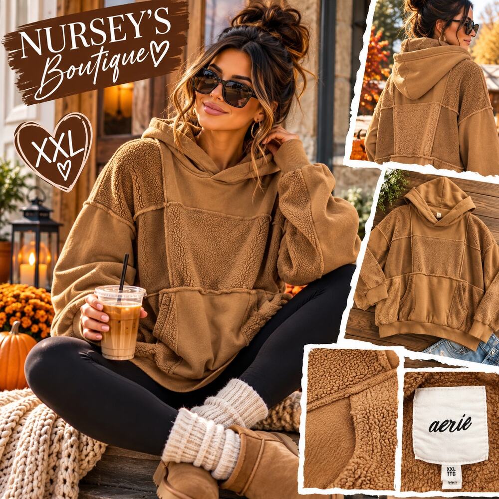 Aerie XXL Brown Patchwork Fleece Oversized Hoodie Reverse Terry Pullover